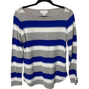 Liz Claiborne Large Stretch Shirt Long Sleeve Blue/Gray/White Stripes Boat Neck